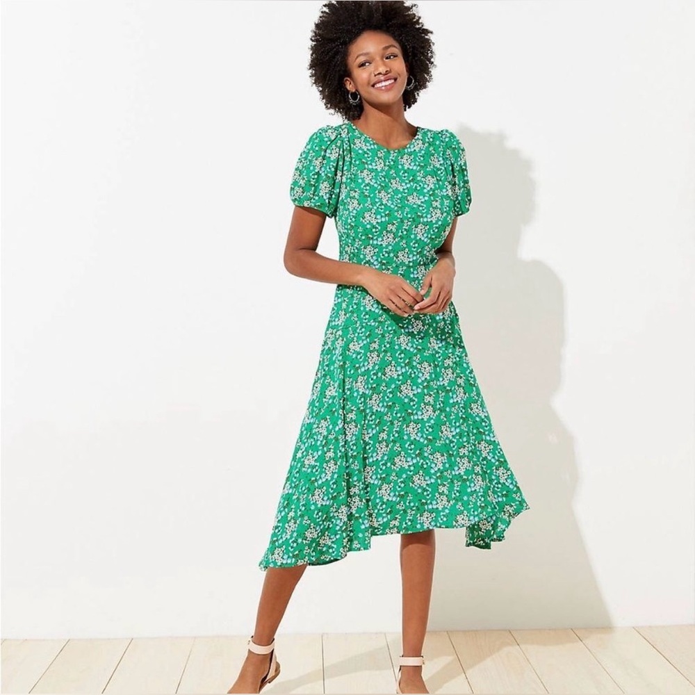 LOFT GREEN FLORAL PRINT DRESS SIZE 0